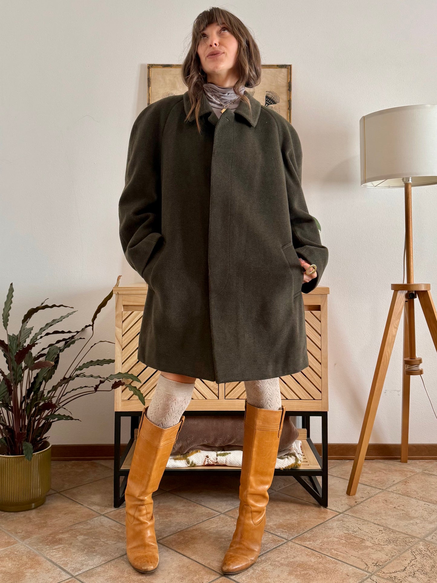 1960's vintage military green tyrol coat with chocolate brown quilted lining