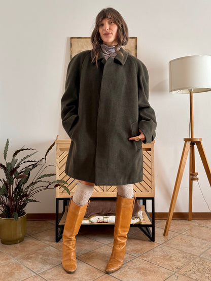 1960's vintage military green tyrol coat with chocolate brown quilted lining