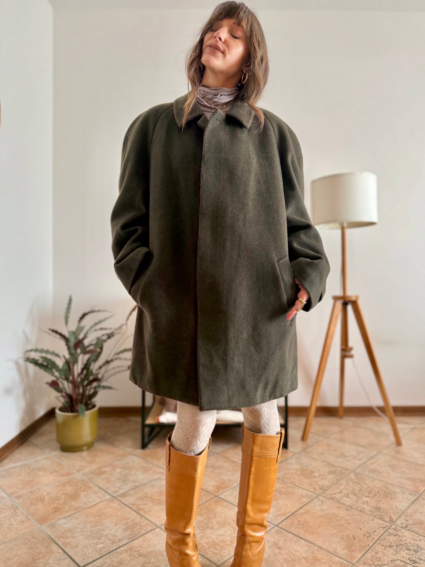 1960's vintage military green tyrol coat with chocolate brown quilted lining