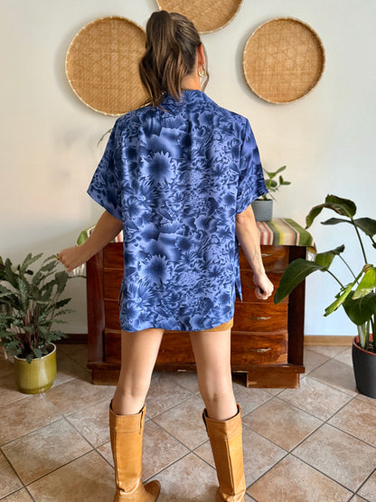 1970's vintage two tone blue floral print blouse