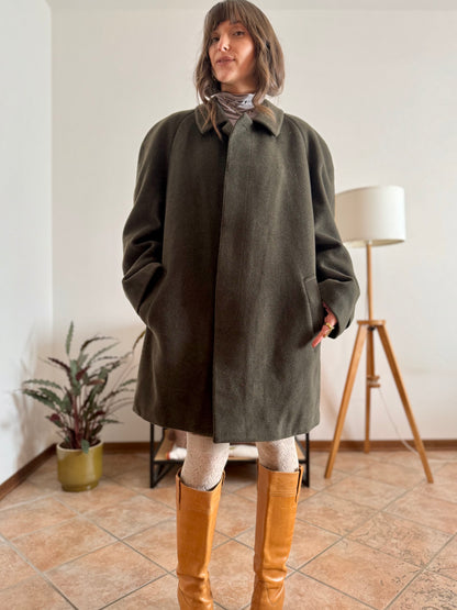 1960's vintage military green tyrol coat with chocolate brown quilted lining