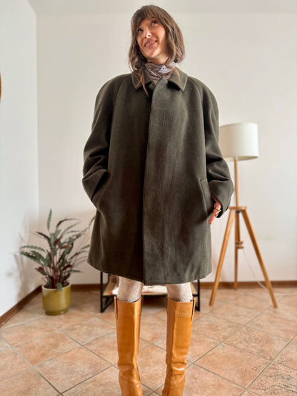 1960's vintage military green tyrol coat with chocolate brown quilted lining