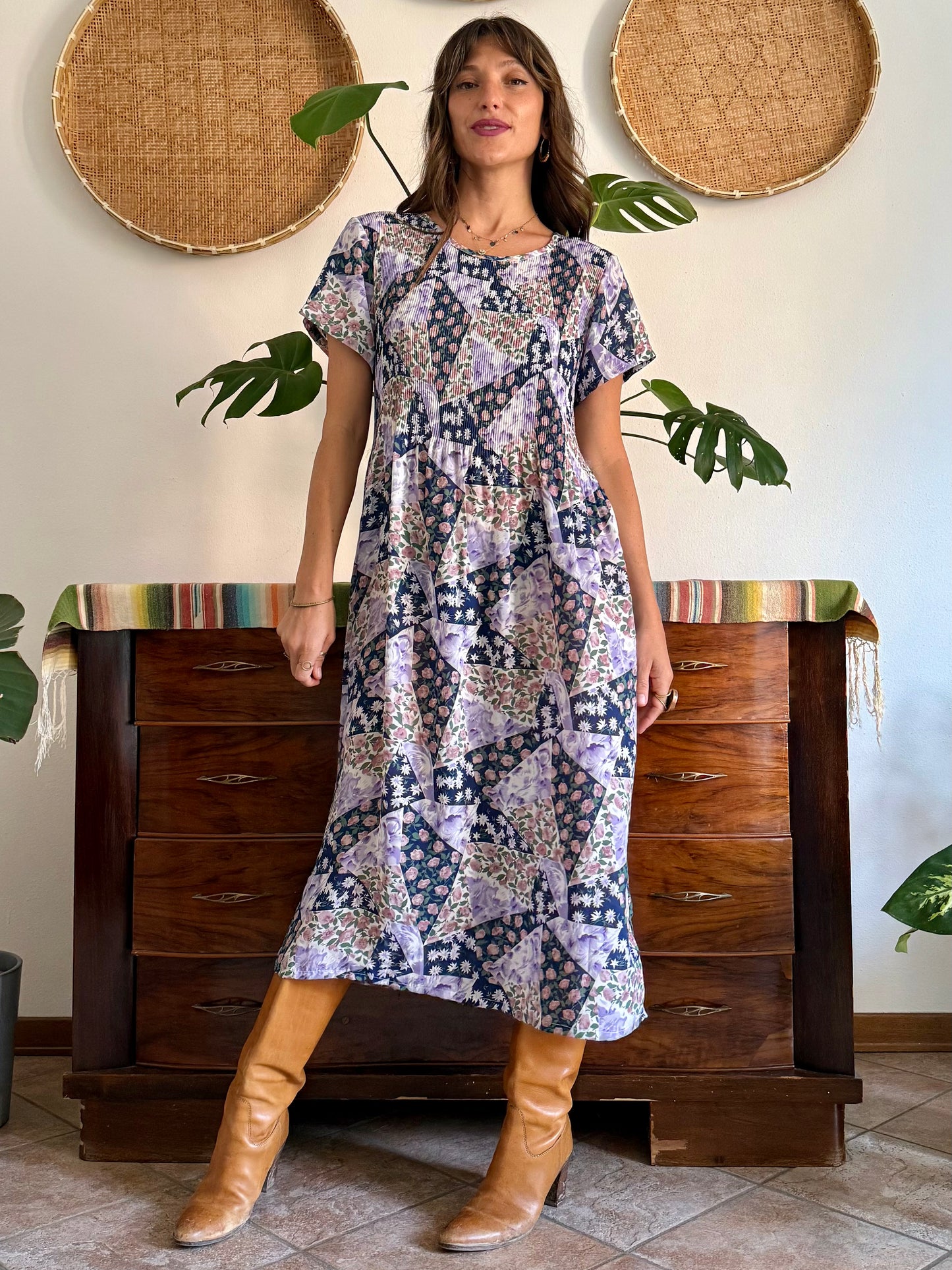 1990's vintage blue, purple and pink floral maxi dress