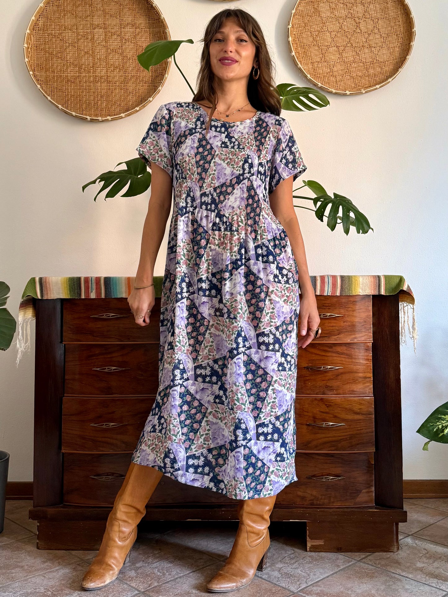 1990's vintage blue, purple and pink floral maxi dress