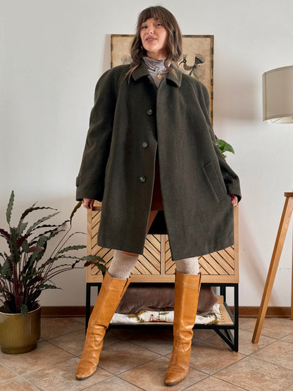 1960's vintage military green tyrol coat with chocolate brown quilted lining