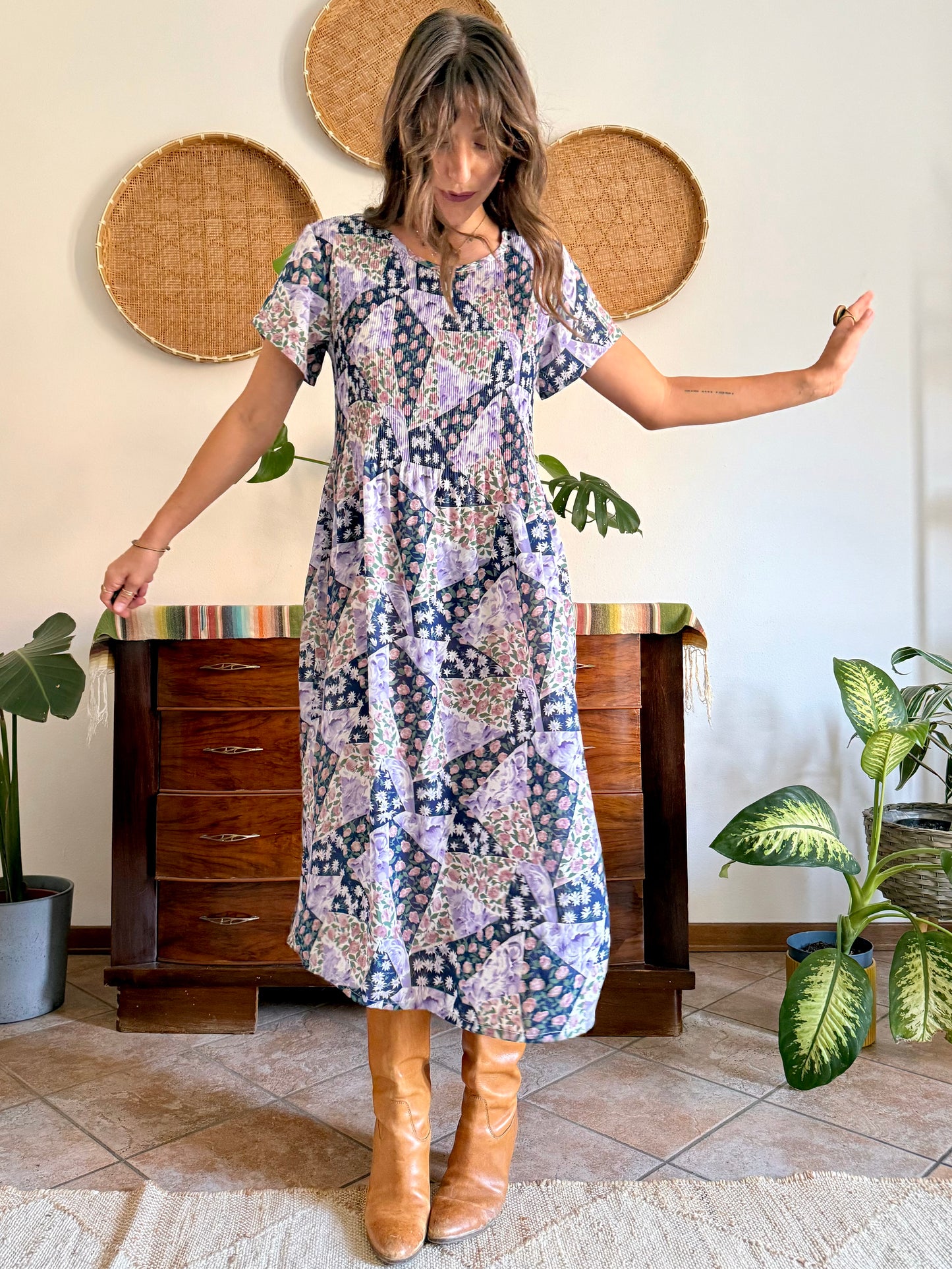 1990's vintage blue, purple and pink floral maxi dress