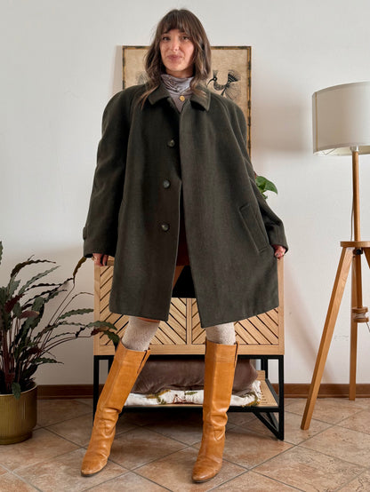 1960's vintage military green tyrol coat with chocolate brown quilted lining