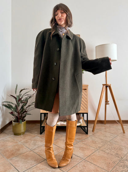 1960's vintage military green tyrol coat with chocolate brown quilted lining