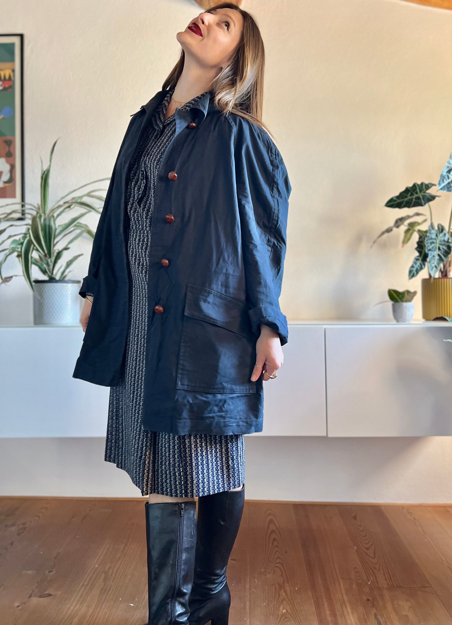 1970's vintage navy blue trench coat with red plaid lining