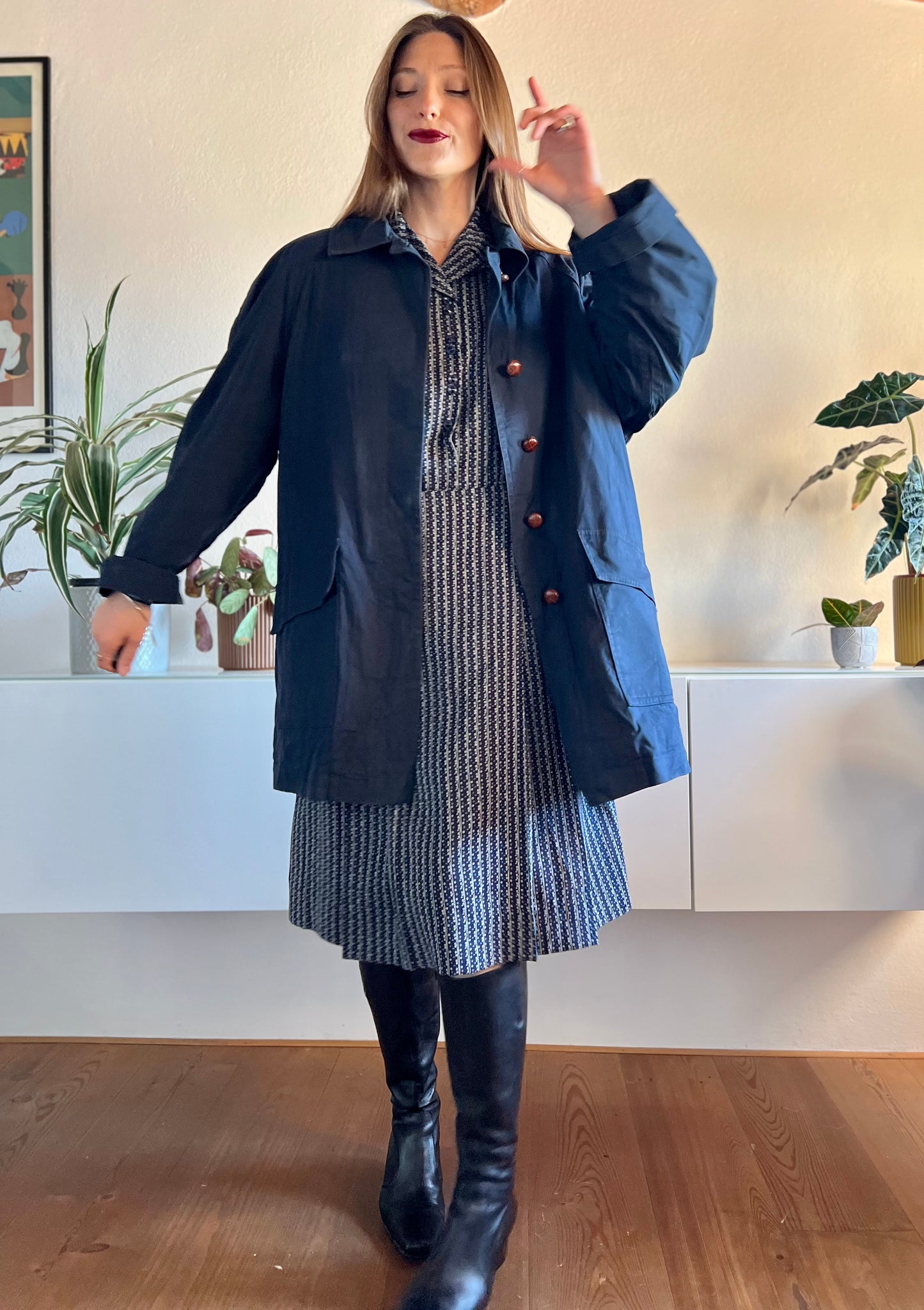 1970's vintage navy blue trench coat with red plaid lining