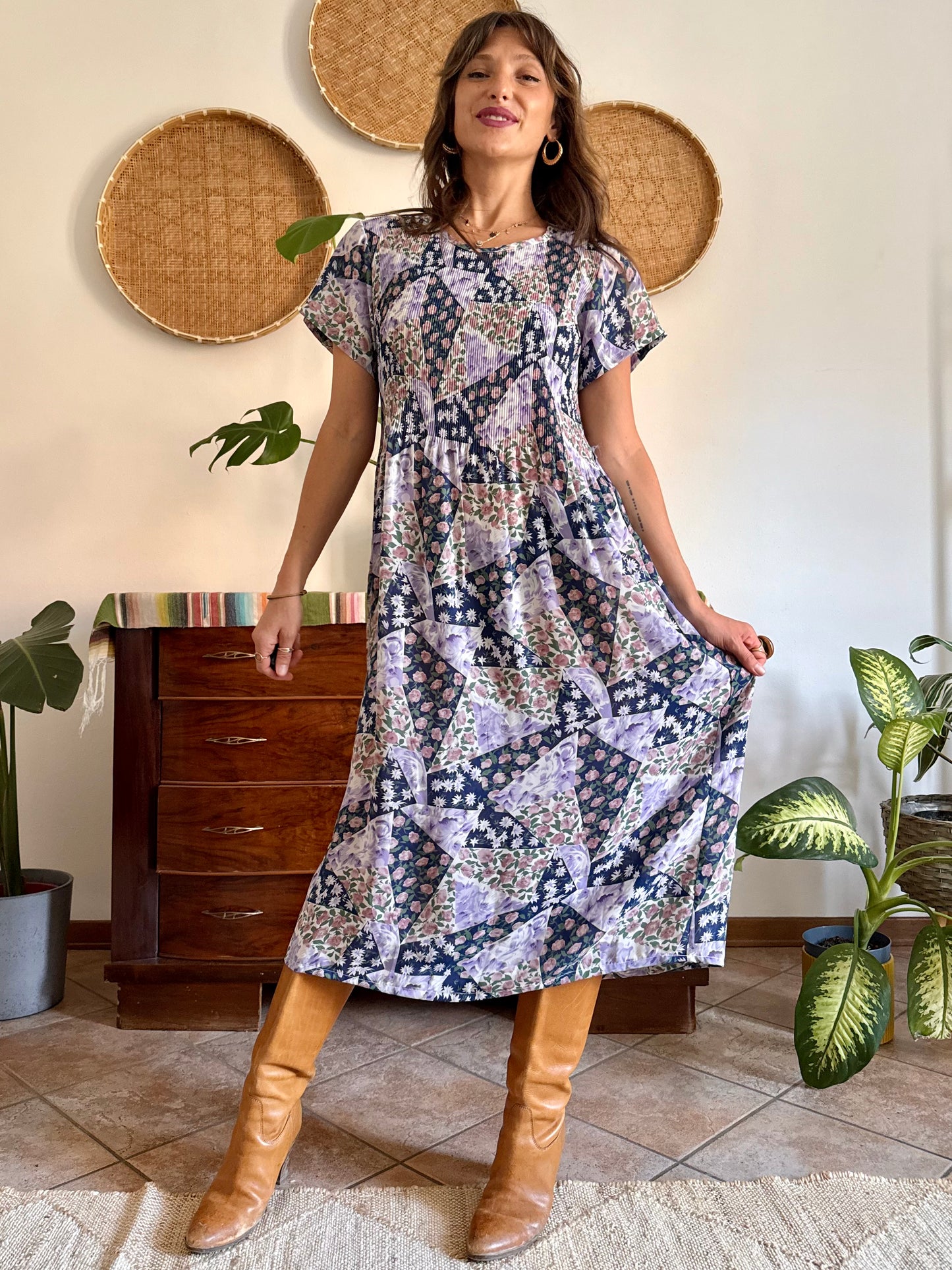 1990's vintage blue, purple and pink floral maxi dress