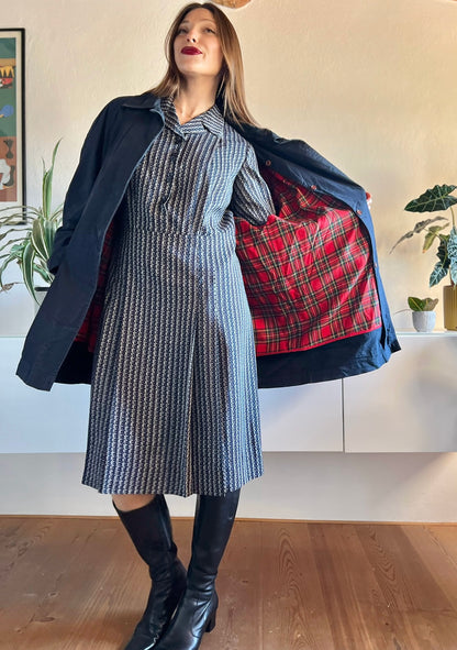 1970's vintage navy blue trench coat with red plaid lining