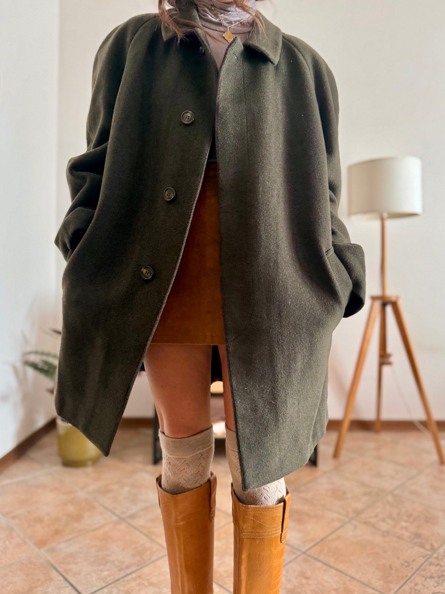 1960's vintage military green tyrol coat with chocolate brown quilted lining