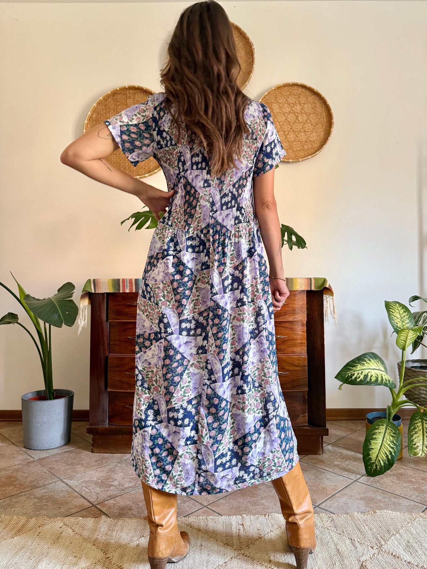 1990's vintage blue, purple and pink floral maxi dress