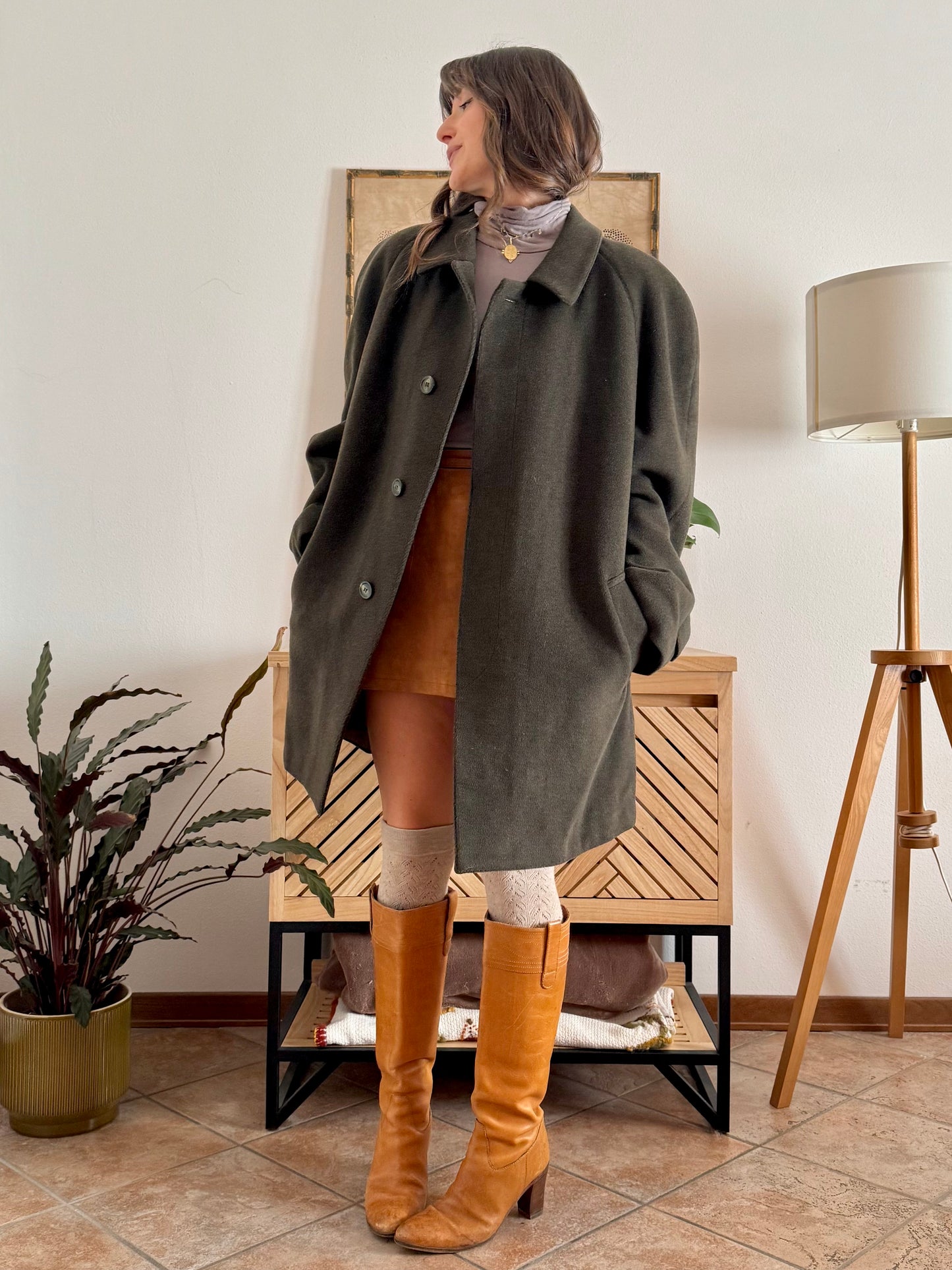 1960's vintage military green tyrol coat with chocolate brown quilted lining