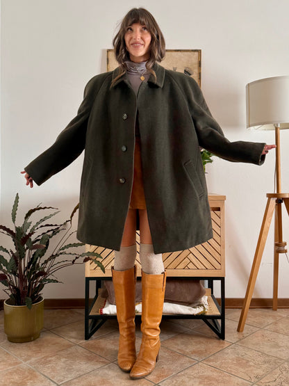 1960's vintage military green tyrol coat with chocolate brown quilted lining