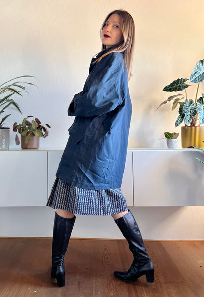 1970's vintage navy blue trench coat with red plaid lining