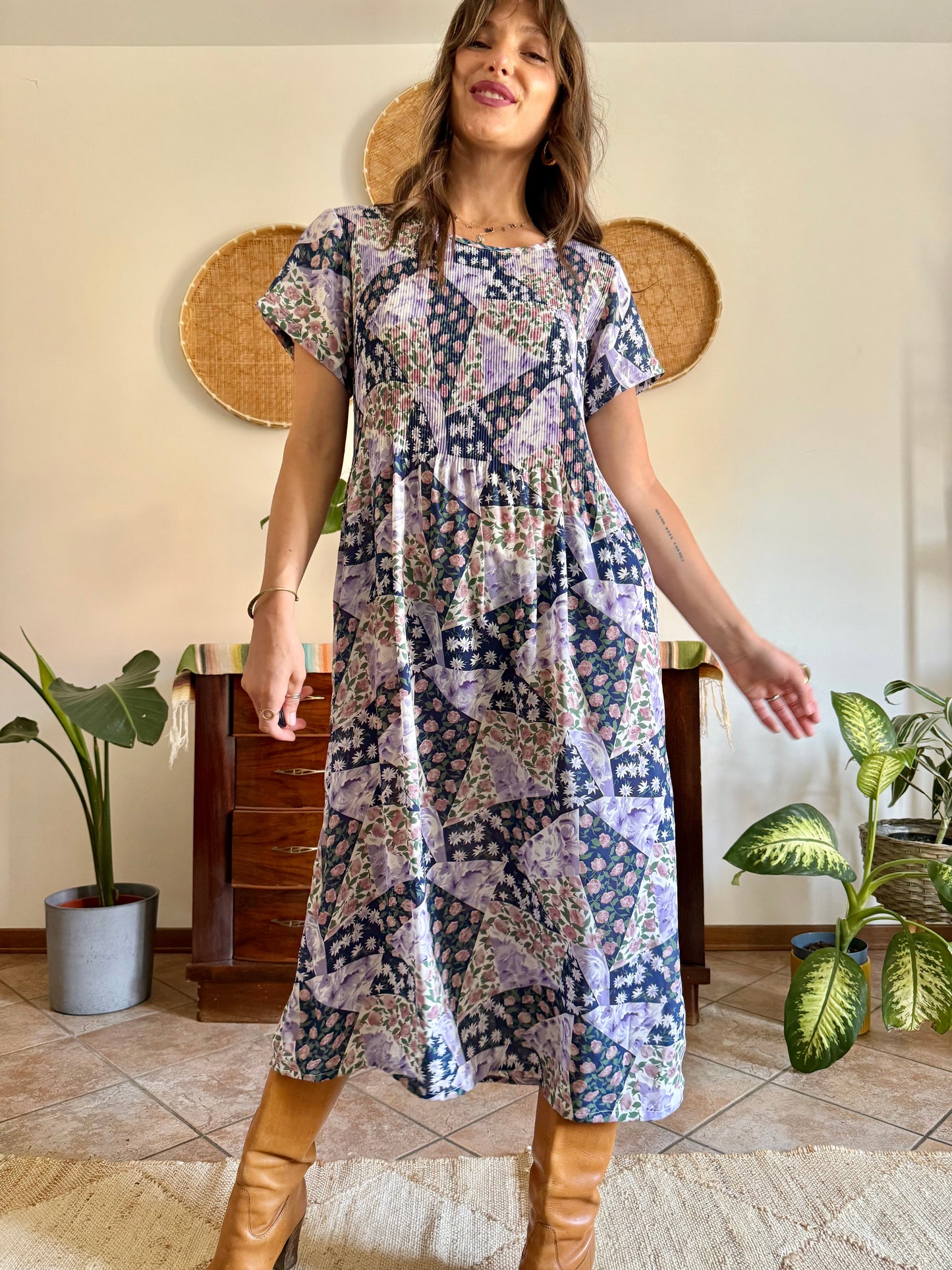 1990's vintage blue, purple and pink floral maxi dress