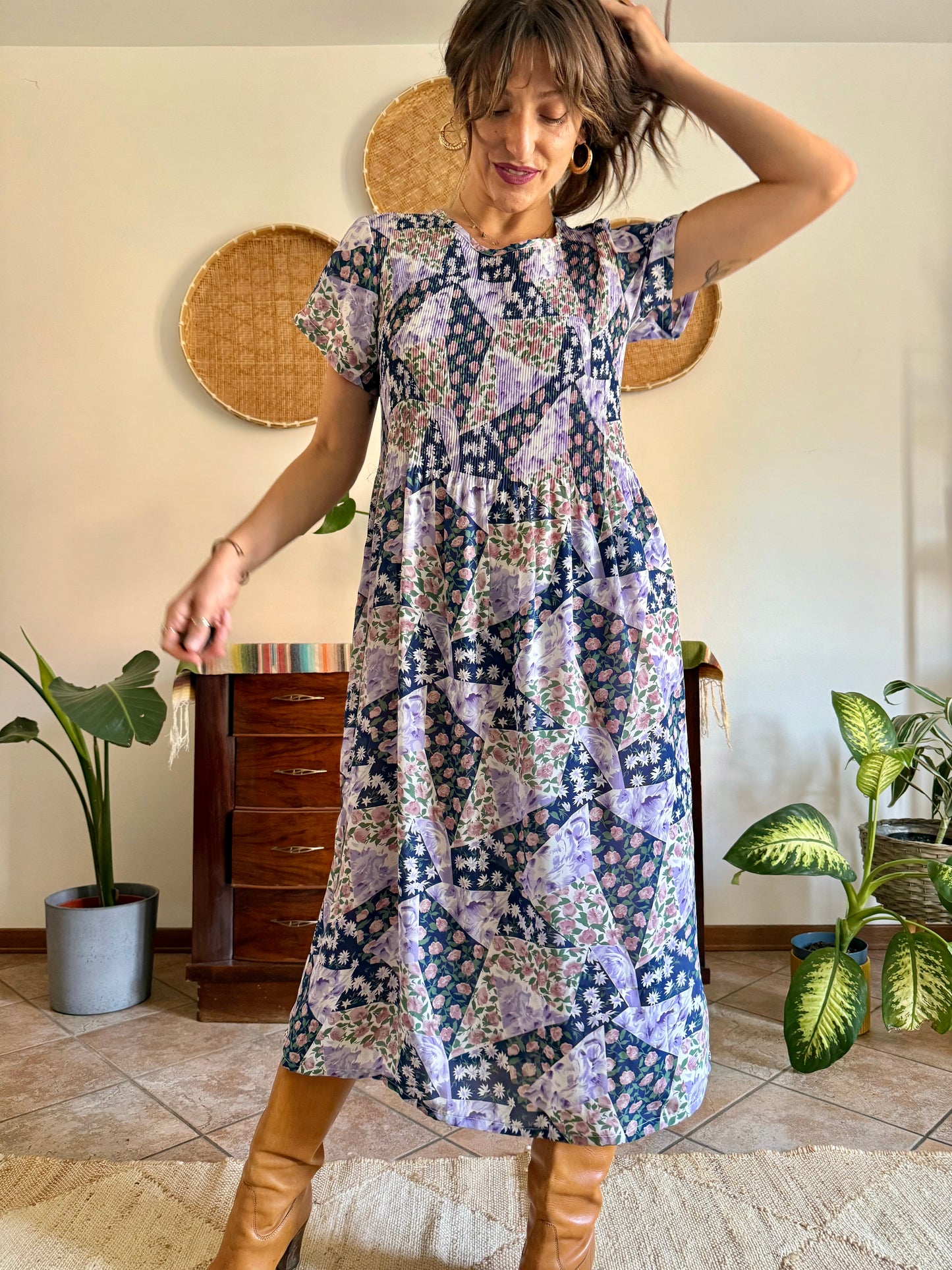 1990's vintage blue, purple and pink floral maxi dress