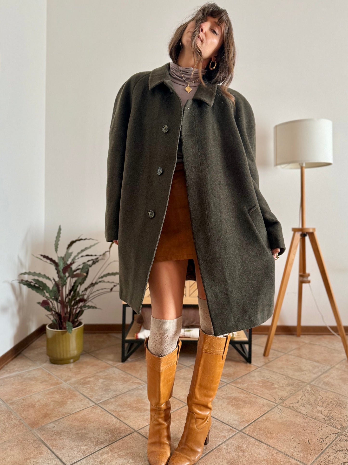 1960's vintage military green tyrol coat with chocolate brown quilted lining