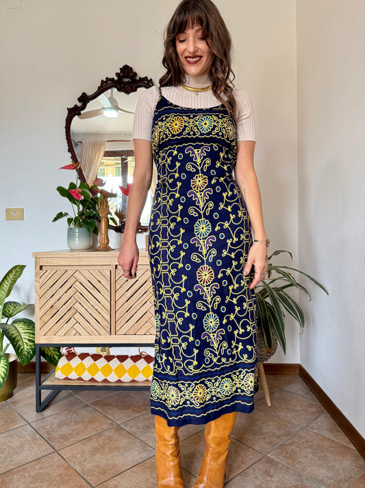 1990's vintage navy blue maxi dress with multicolor floral print