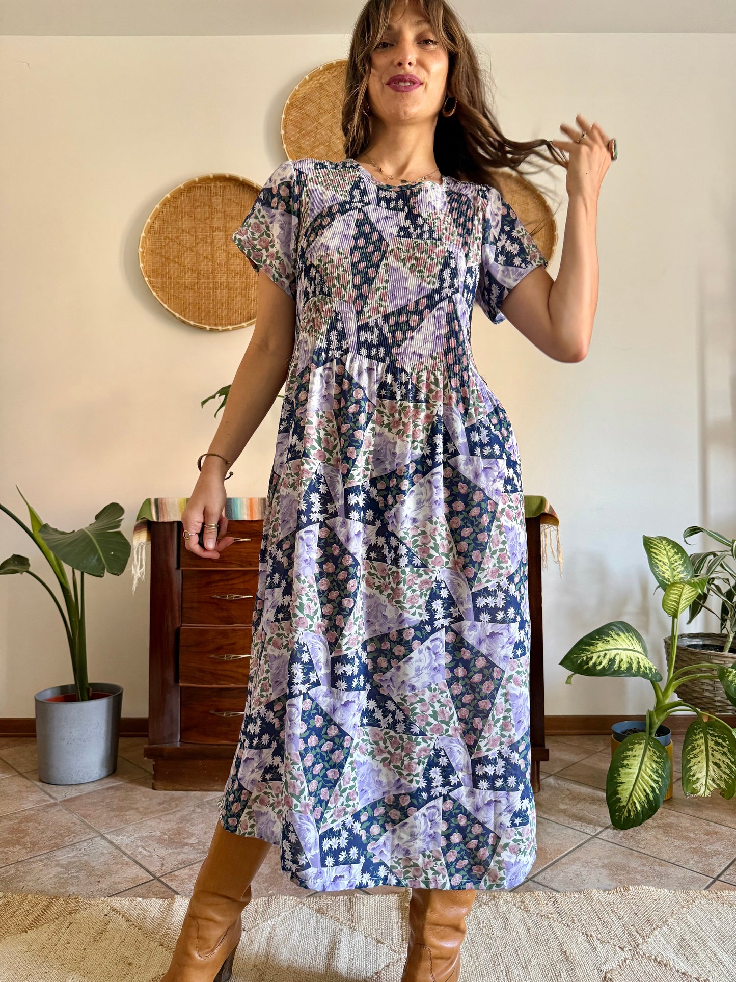 1990's vintage blue, purple and pink floral maxi dress