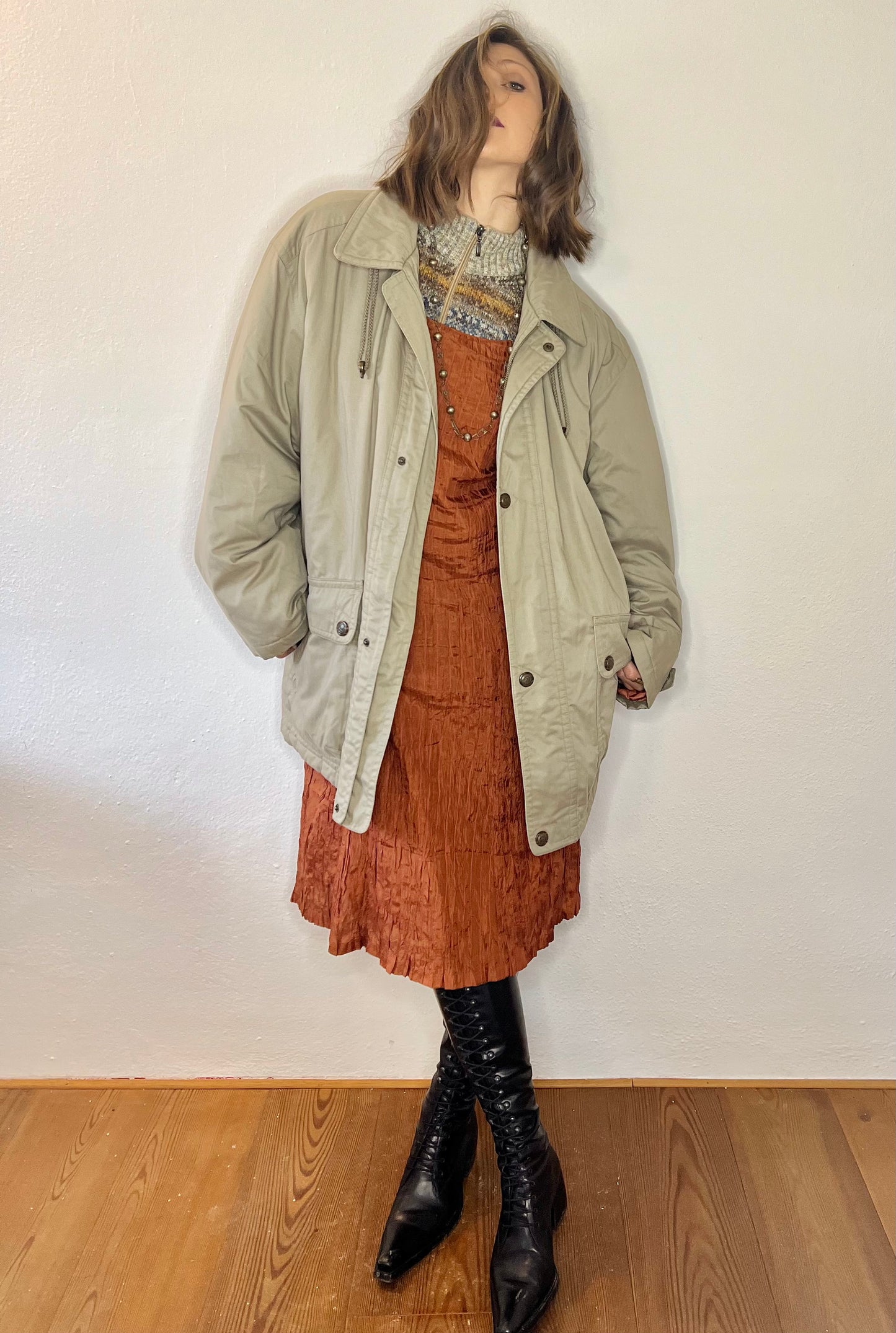 1970's vintage oversize beige utility coat with coral quilted lining