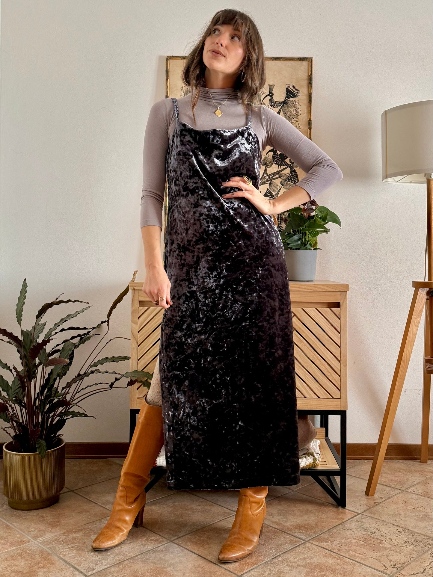 1990's vintage grey crushed velvet maxi dress with cowl neck