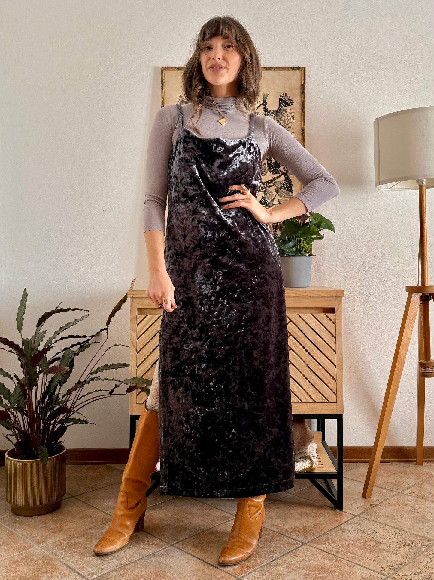 1990's vintage grey crushed velvet maxi dress with cowl neck