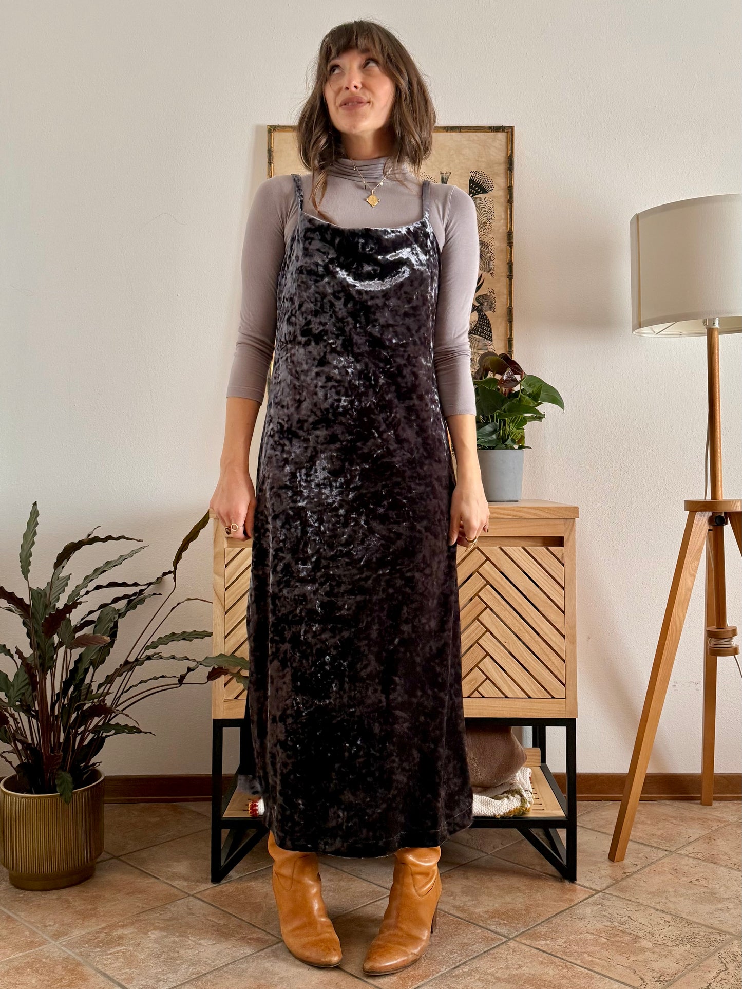 1990's vintage grey crushed velvet maxi dress with cowl neck