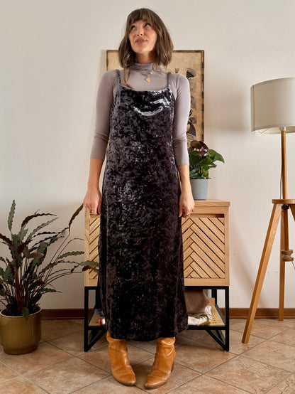 1990's vintage grey crushed velvet maxi dress with cowl neck