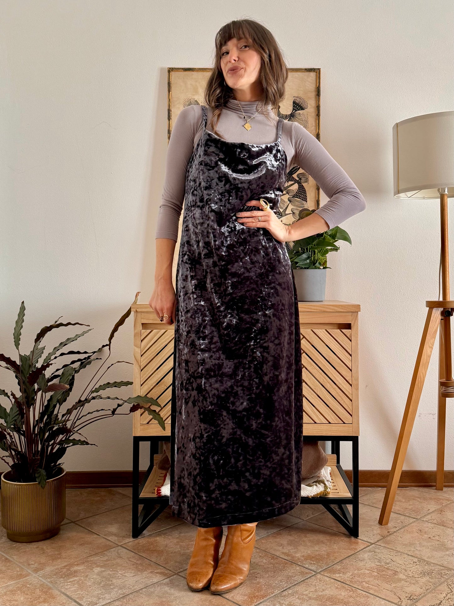 1990's vintage grey crushed velvet maxi dress with cowl neck