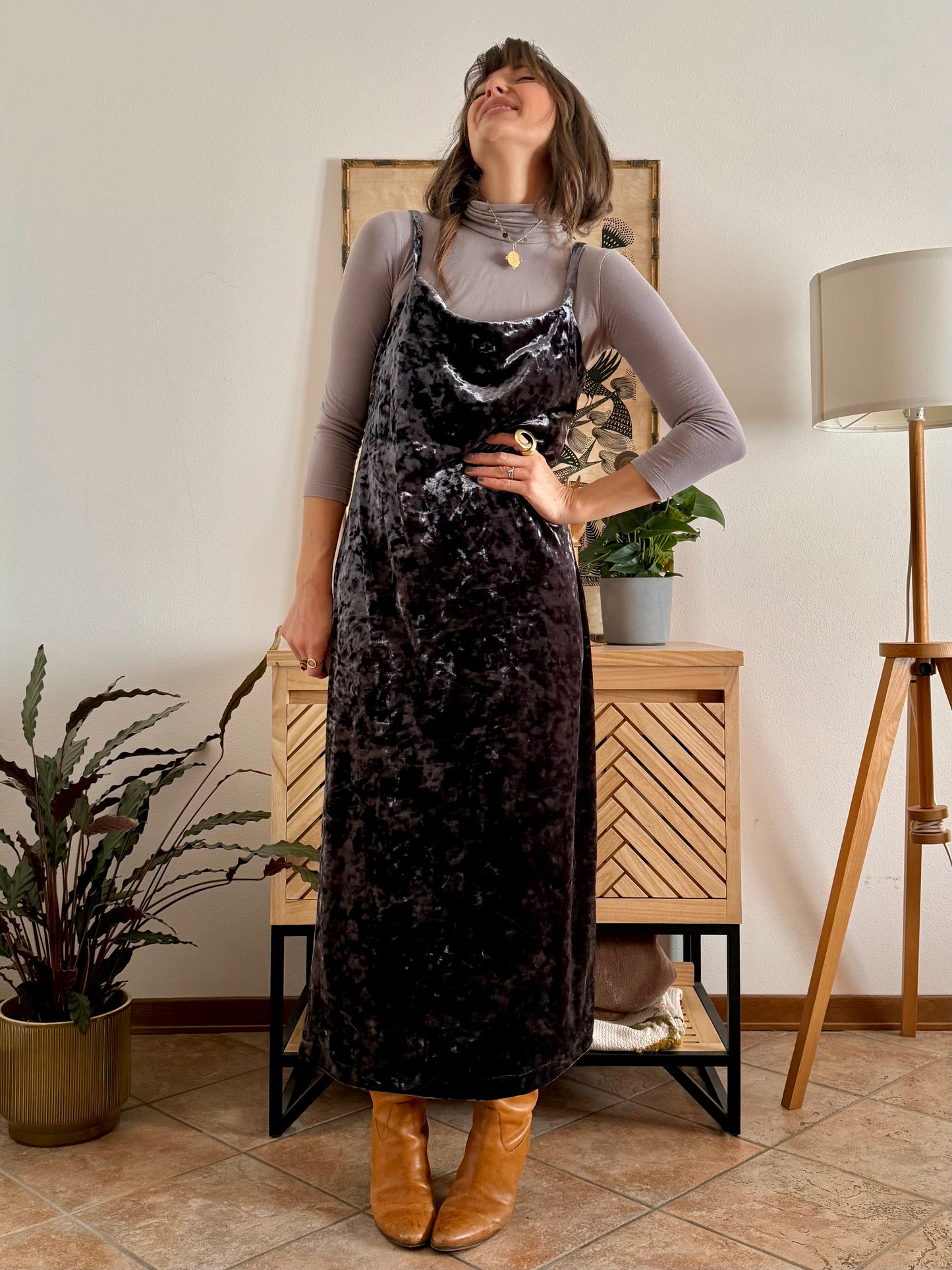 1990's vintage grey crushed velvet maxi dress with cowl neck