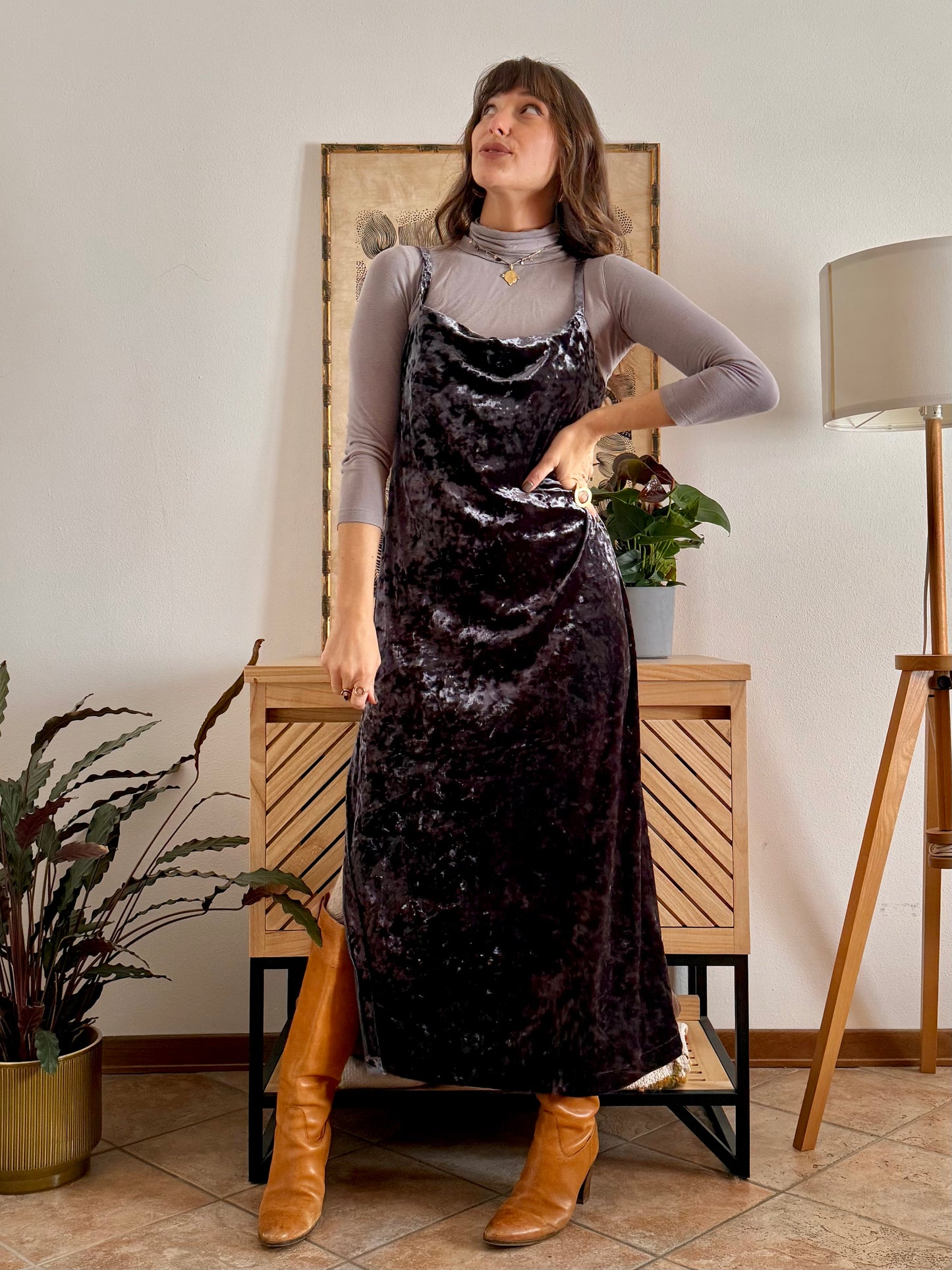 1990's vintage grey crushed velvet maxi dress with cowl neck