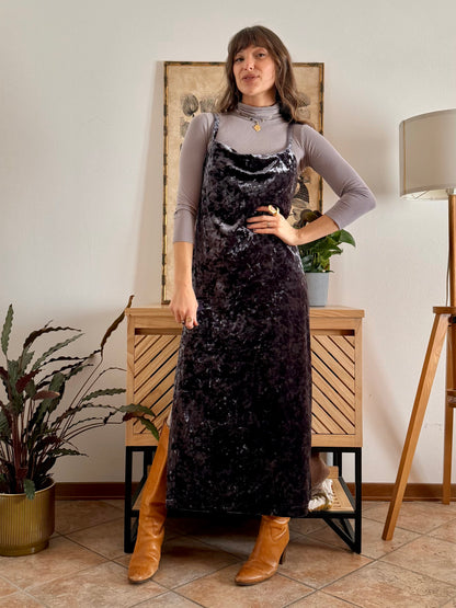 1990's vintage grey crushed velvet maxi dress with cowl neck