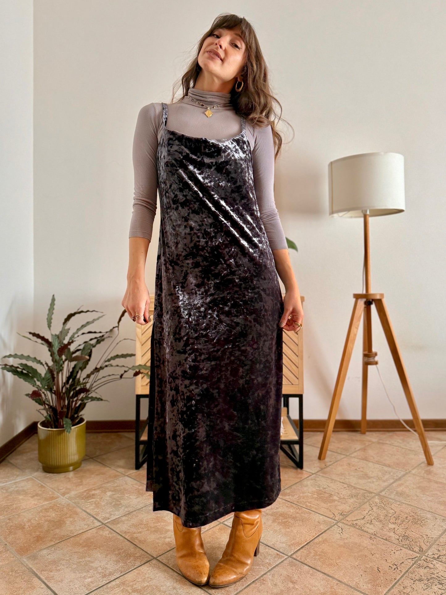 1990's vintage grey crushed velvet maxi dress with cowl neck