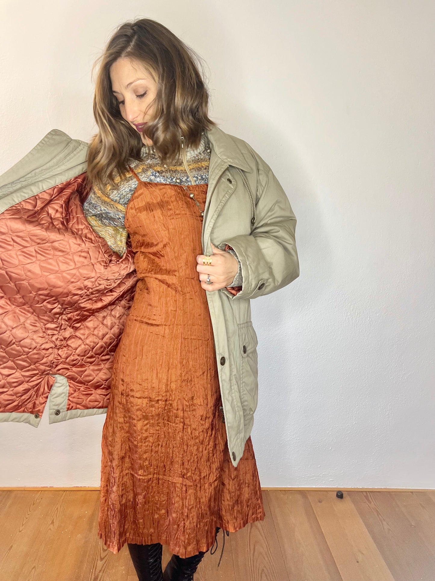 1970's vintage oversize beige utility coat with coral quilted lining