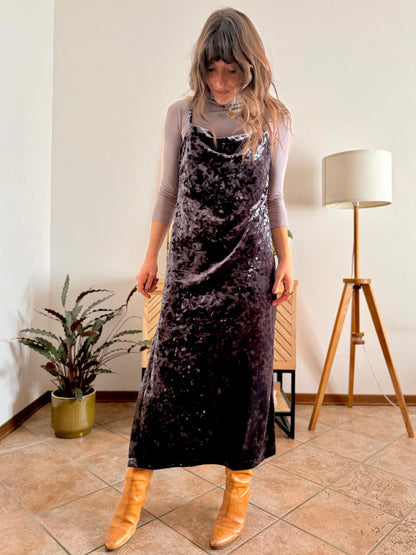 1990's vintage grey crushed velvet maxi dress with cowl neck