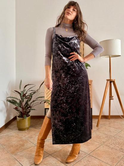 1990's vintage grey crushed velvet maxi dress with cowl neck