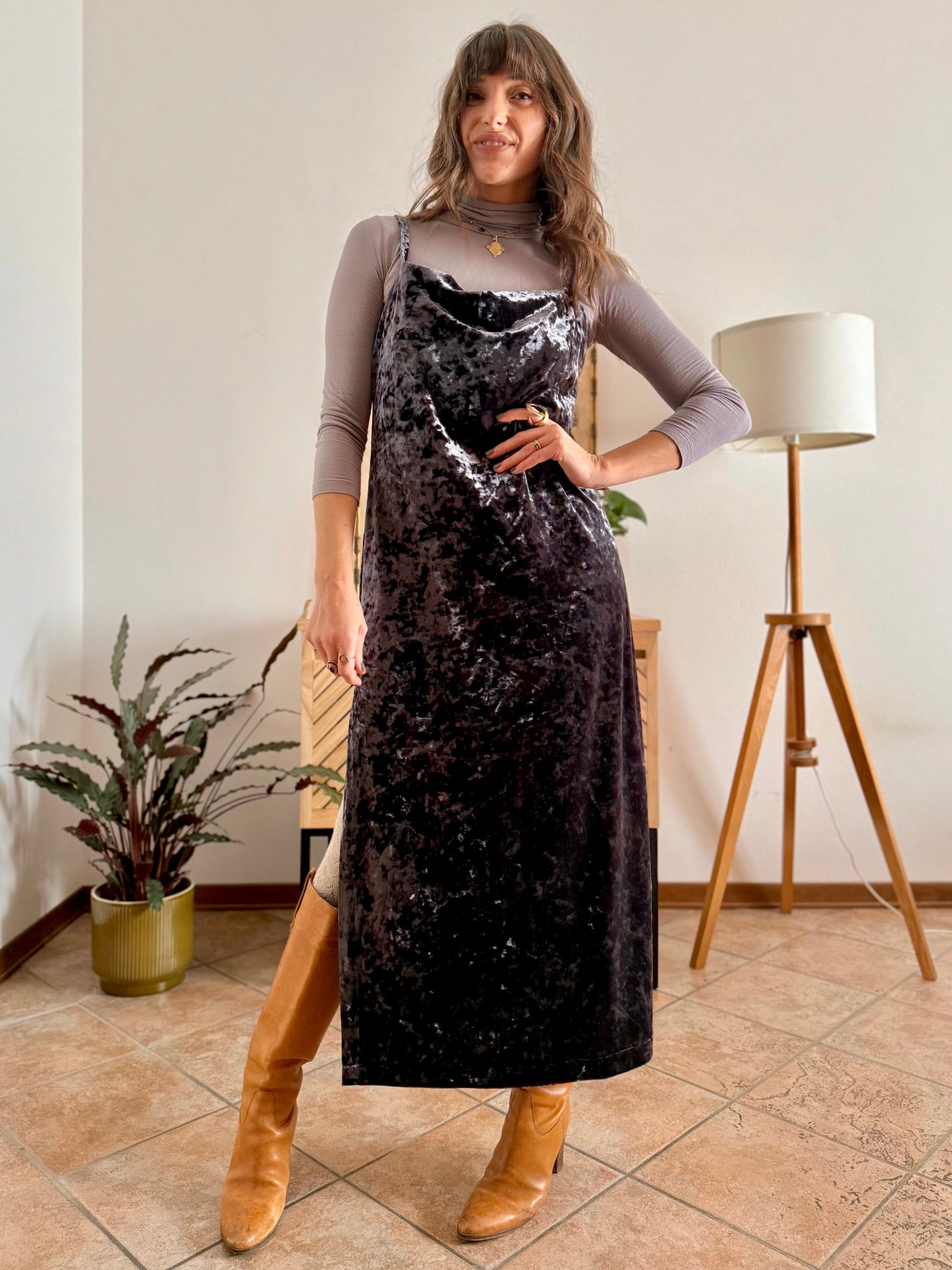 1990's vintage grey crushed velvet maxi dress with cowl neck