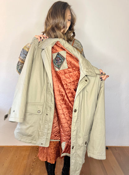 1970's vintage oversize beige utility coat with coral quilted lining