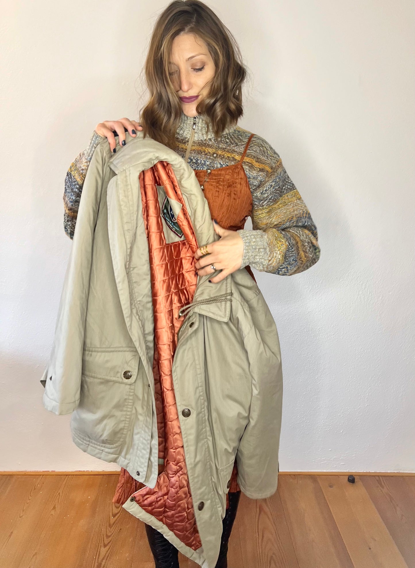 1970's vintage oversize beige utility coat with coral quilted lining