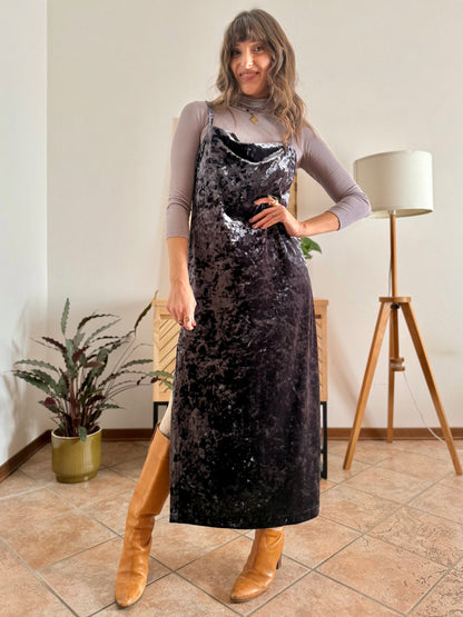 1990's vintage grey crushed velvet maxi dress with cowl neck