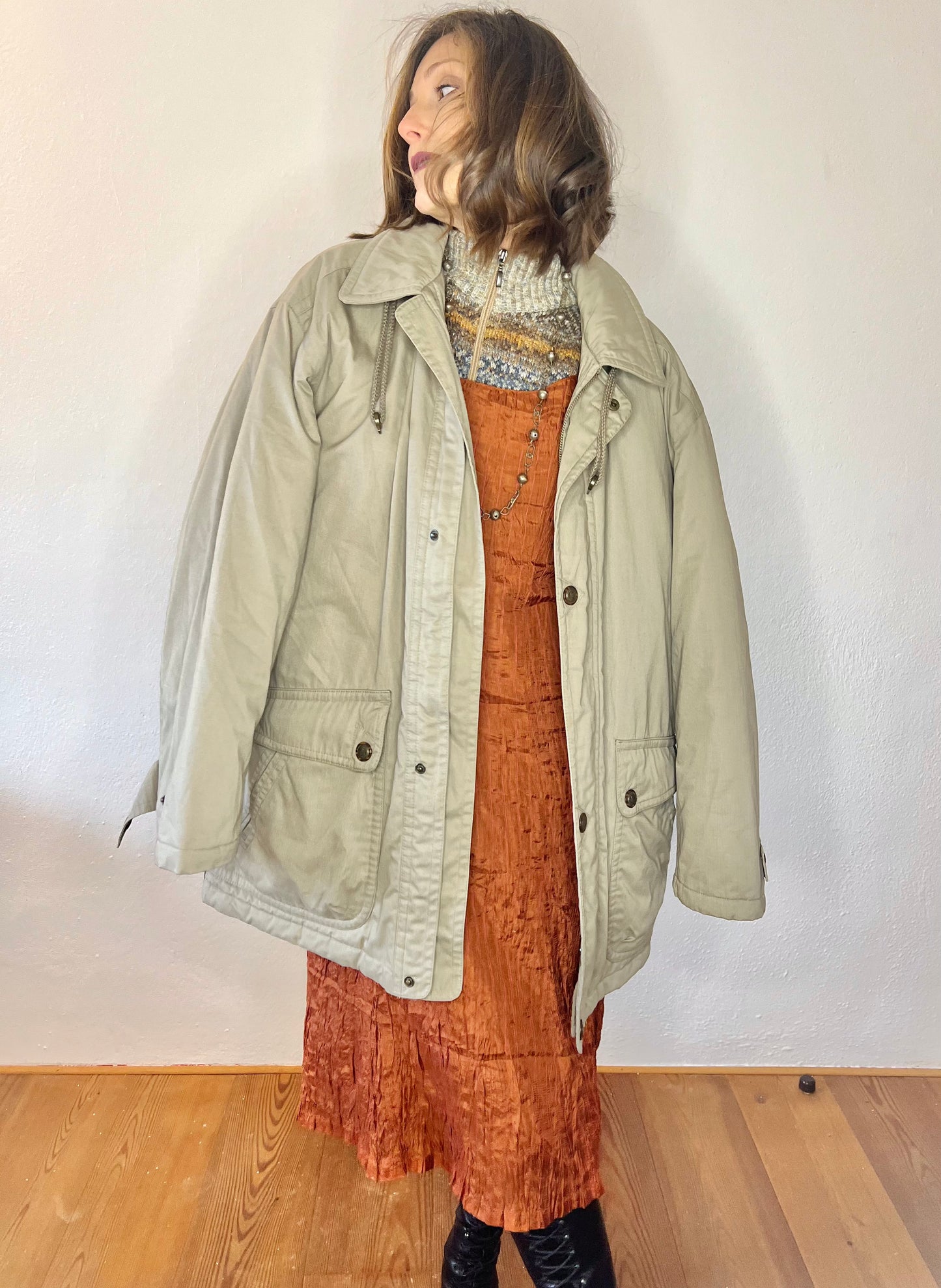 1970's vintage oversize beige utility coat with coral quilted lining