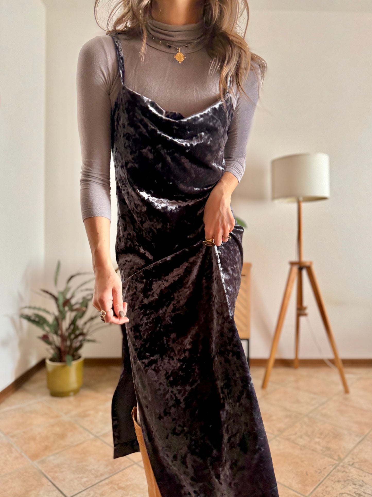 1990's vintage grey crushed velvet maxi dress with cowl neck