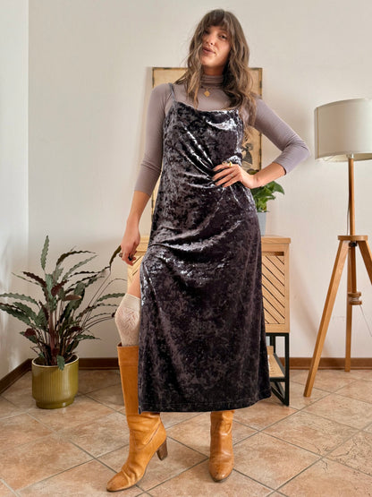 1990's vintage grey crushed velvet maxi dress with cowl neck