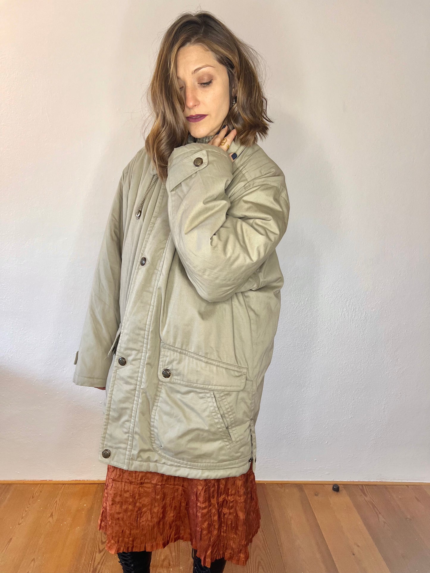 1970's vintage oversize beige utility coat with coral quilted lining