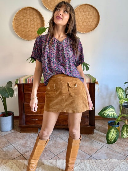 1970's vintage pink, blue and tan paisley print silk blouse
