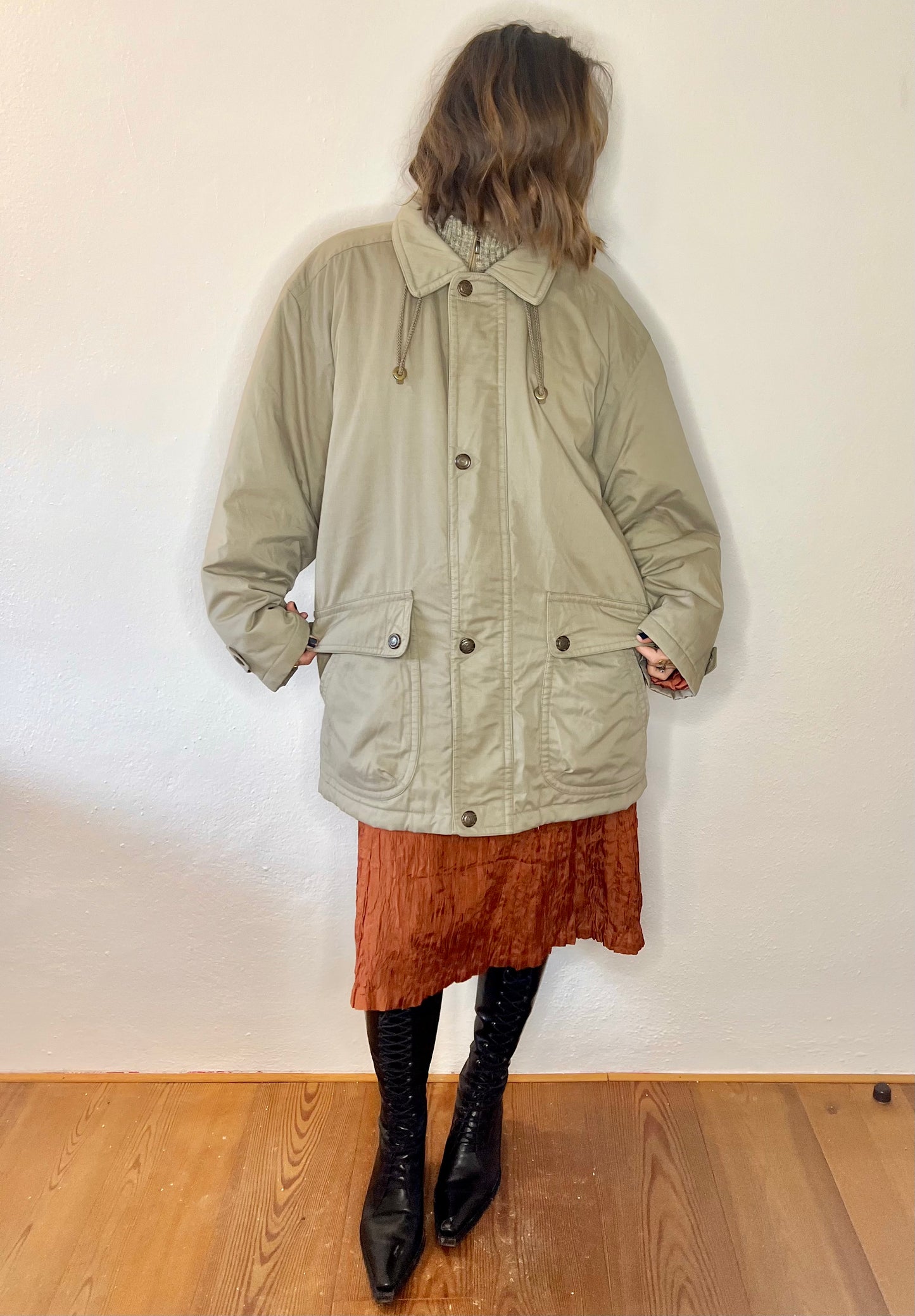 1970's vintage oversize beige utility coat with coral quilted lining