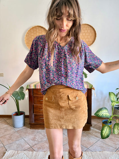 1970's vintage pink, blue and tan paisley print silk blouse
